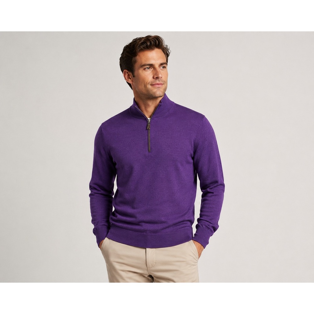 Peter Millar Mock Purple Soft Trim Quarter-Zip Sweater Merino Wool Silk Sz Large